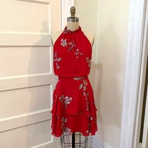 NWT Red Floral Halter Dress with Ruffle Detail